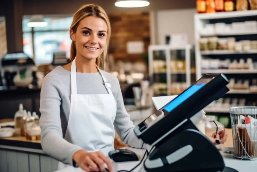 Sprzedawczyni przy stanowisku z systemem POS